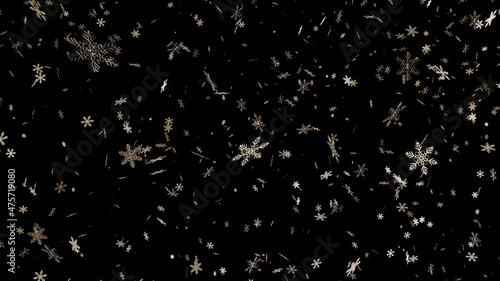 3d render of many of the glowing white snowflake flowing with the wind in the dark