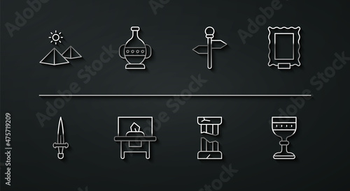 Set line Egypt pyramids, Dagger, Picture, Broken ancient column, Glass showcase for exhibit, Ancient amphorae, Medieval goblet and Road traffic signpost icon. Vector