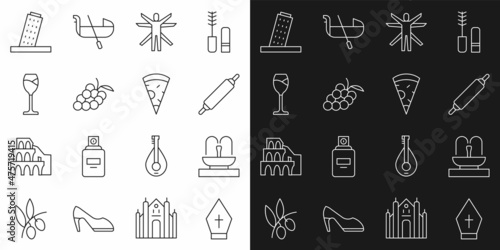 Set line Pope hat, Fountain, Rolling pin, Vitruvian Man, Grape fruit, Wine glass, Tower Pisa and Slice of pizza icon. Vector