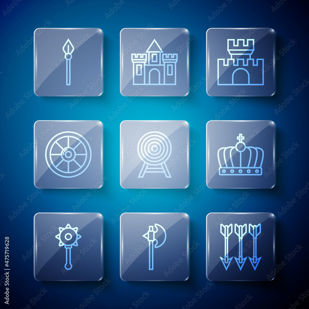 Set line Medieval chained mace ball, axe, Crossed arrows, Castle, fortress, Target with, Round wooden shield, spear and King crown icon. Vector Set line Medieval chained mace ball, axe, Crossed arrows, Castle, fortress, Target with, Round wooden shield, spear and King crown icon. Vector