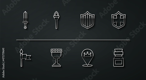 Set line Medieval sword, spear, Shield, Location king crown, goblet, Torch flame, Poison bottle and icon. Vector
