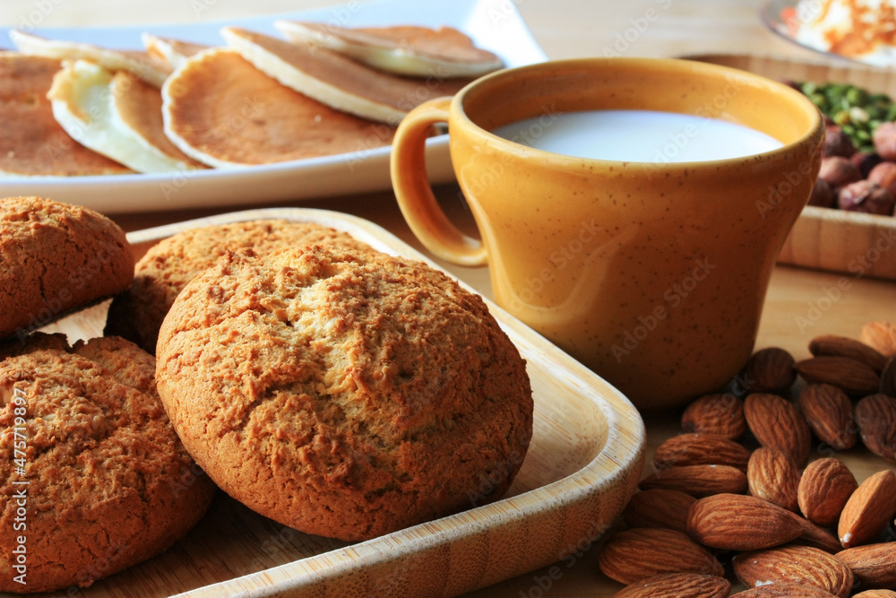 Cookies, nuts and milk for breakfast Cookies, nuts and milk for breakfast