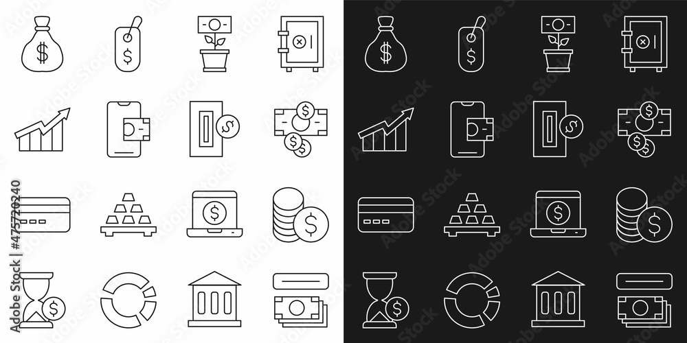 Set line ATM and money, Coin with dollar, Stacks paper cash, Money plant the pot, Mobile banking, Financial growth increase, bag and Inserting coin icon. Vector