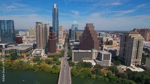 Aerial Flying Over Austin, Texas, Downtown, Colorado River photo