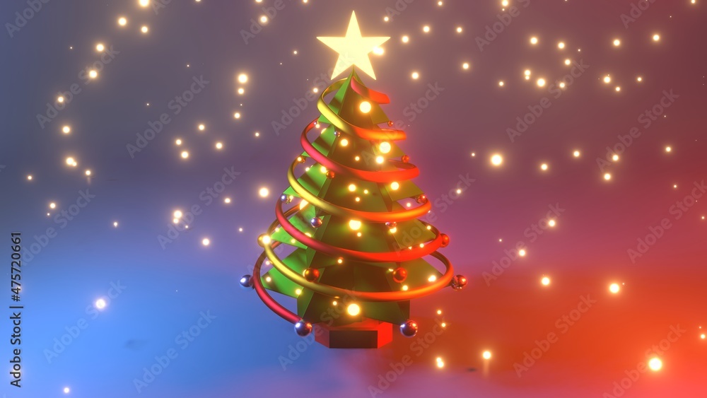 3D illustration of a Christmas tree with yellow glowing stars at the top with yellow glowing snow on a mixed red and blue background. 3D illustration of a Christmas tree with yellow glowing stars at the top with yellow glowing snow on a mixed red and blue background.