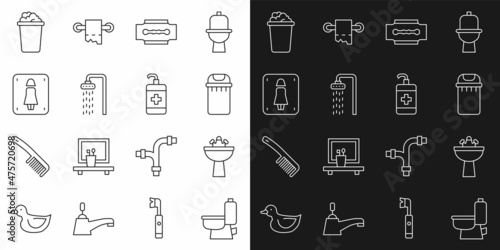 Set line Toilet bowl, Washbasin with water tap, Trash can, Blade razor, Shower, Female toilet, Bucket soap suds and Hand sanitizer bottle icon. Vector