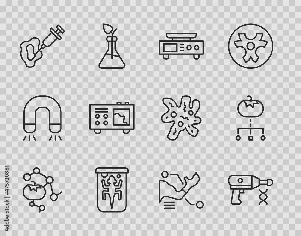 Set line Genetically modified food, Transfer liquid gun, Electronic scales, Experimental animal, Syringe, Spectrometer, Prosthesis hand and icon. Vector Set line Genetically modified food, Transfer liquid gun, Electronic scales, Experimental animal, Syringe, Spectrometer, Prosthesis hand and icon. Vector