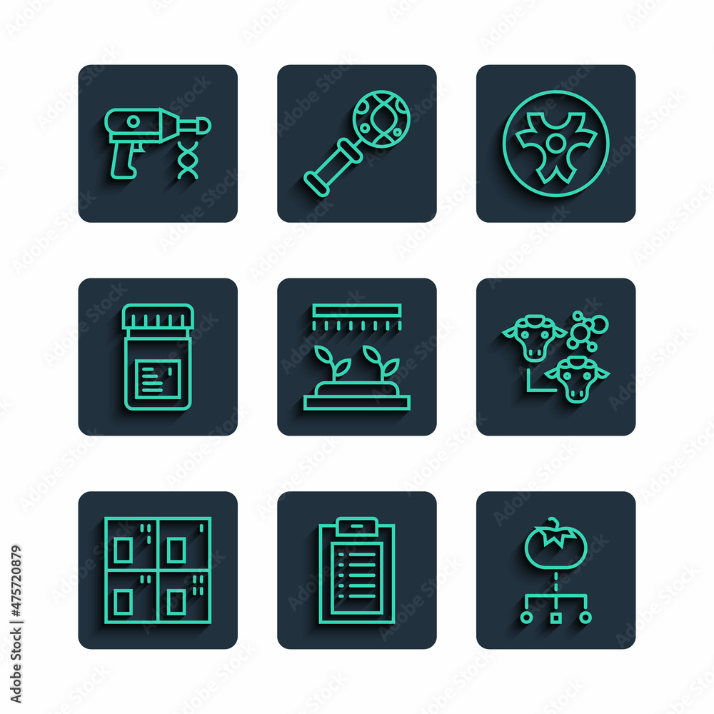 Set line Periodic table, Clinical record, Genetically modified food, Biohazard symbol, Automatic irrigation sprinklers, Jar with additives, Transfer liquid gun and Cloning icon. Vector Set line Periodic table, Clinical record, Genetically modified food, Biohazard symbol, Automatic irrigation sprinklers, Jar with additives, Transfer liquid gun and Cloning icon. Vector