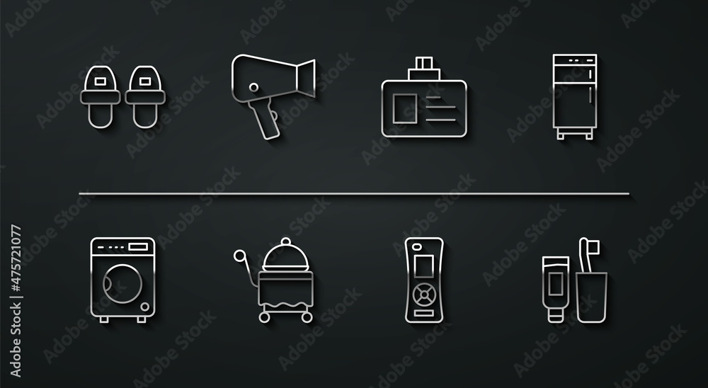 Set line Hotel slippers, Washer, Refrigerator, Remote control, Covered with tray, Hair dryer, Toothbrush and toothpaste and Identification badge icon. Vector Set line Hotel slippers, Washer, Refrigerator, Remote control, Covered with tray, Hair dryer, Toothbrush and toothpaste and Identification badge icon. Vector