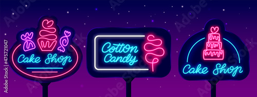 Candy shop neon street billboards collection. One line drawing. Sweet bar emblem set. Vector stock illustration