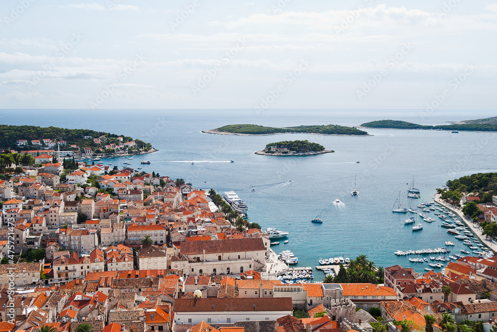 City of Hvar on the croatian island Hvar, beautiful port and old town right to the coast.