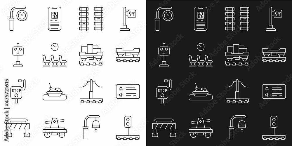 Set line Train traffic light, Road signpost, Cargo train wagon, Railway, railroad track, Waiting room, station clock and icon. Vector Set line Train traffic light, Road signpost, Cargo train wagon, Railway, railroad track, Waiting room, station clock and icon. Vector