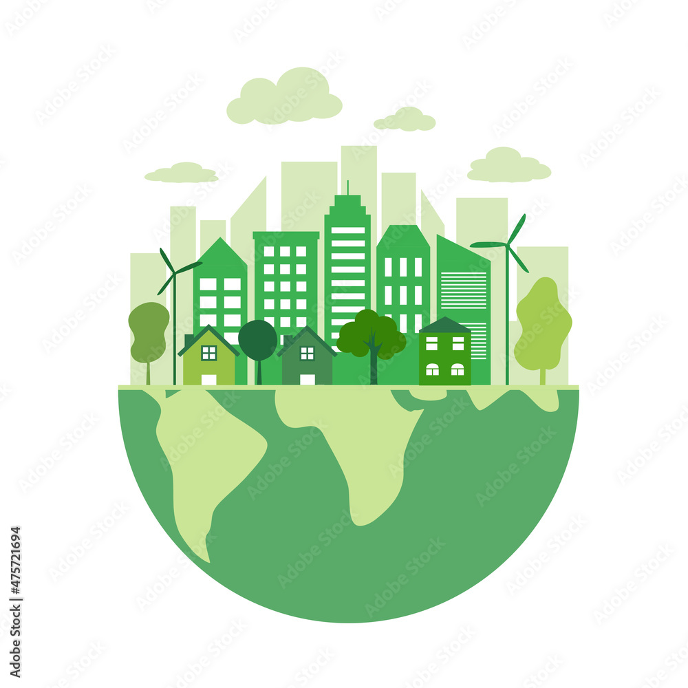 Sustainable green eco city on the earth planet in flat design vector ...