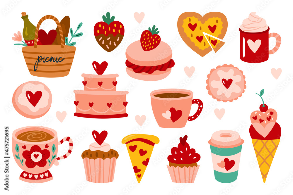 Valentines day cute food elements set. Childish print for cards, stickers, apparel and banner design Valentines day cute food elements set. Childish print for cards, stickers, apparel and banner design