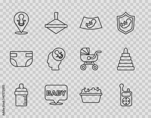 Set line Baby bottle, Monitor Walkie Talkie, Ultrasound of baby, dummy pacifier, bathtub and Pyramid toy icon. Vector