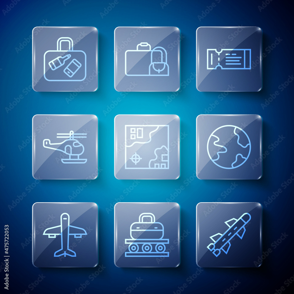Set line Plane, Conveyor belt with suitcase, Rocket, Airline ticket, World travel map, Helicopter, Suitcase and Worldwide icon. Vector Set line Plane, Conveyor belt with suitcase, Rocket, Airline ticket, World travel map, Helicopter, Suitcase and Worldwide icon. Vector