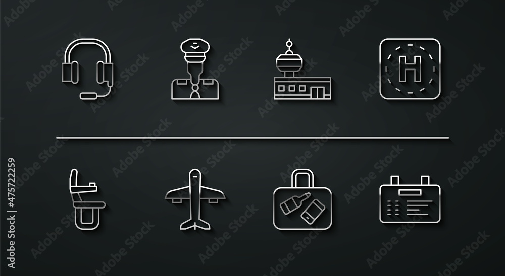 Set line Headphones with microphone, Airplane seat, Helicopter landing pad, Suitcase, Plane, Pilot, Airport board and control tower icon. Vector