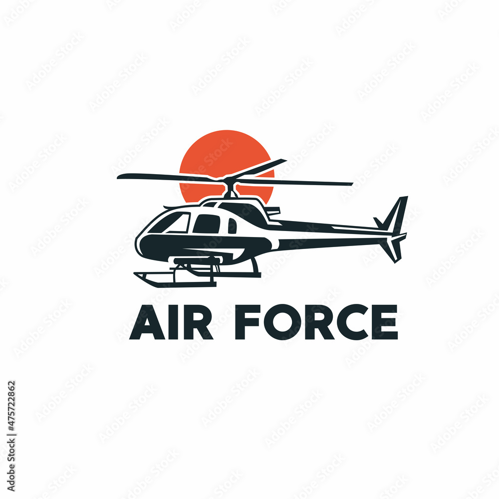 helicopter silhouette illustration with sun , technology illustration suitable for shop plane business, market, cafe or graphic design. Vector Illustration