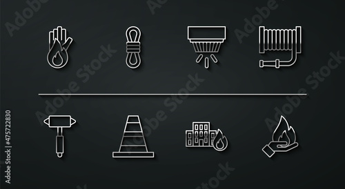 Set line No fire, Firefighter axe, hose reel, in burning buildings, Traffic cone, Climber rope, Hand holding and Smoke alarm system icon. Vector