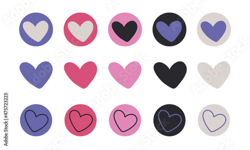Set of cute heart icons in muted very peri color palette. Modern romantic hearts variety in purple and pink.