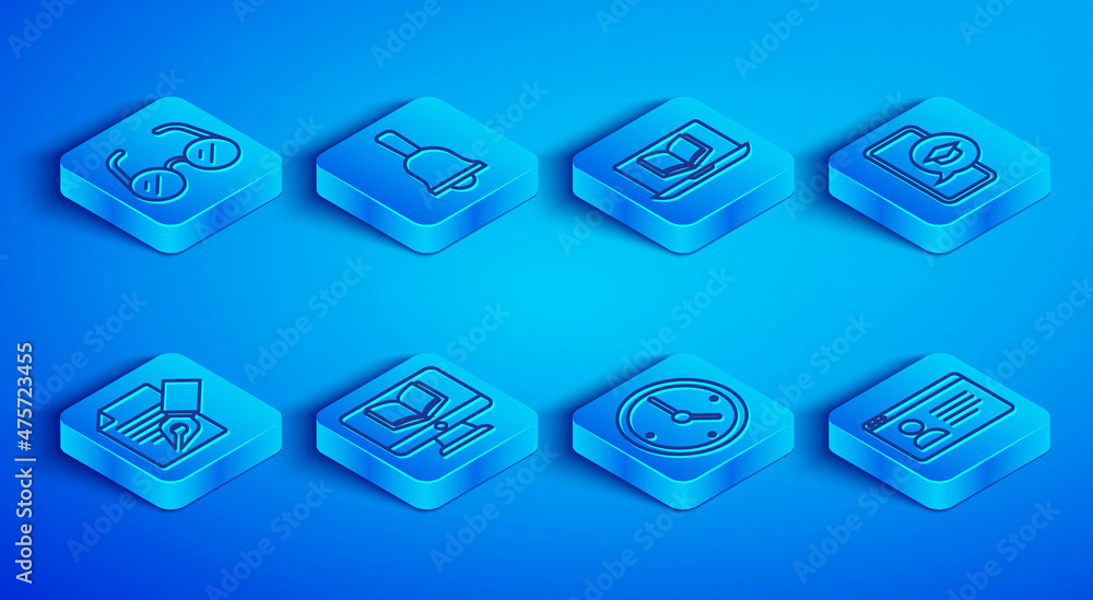 Set line Glasses, Ringing bell, Online class, Clock, Graduation cap on mobile, Exam sheet and pencil and icon. Vector Set line Glasses, Ringing bell, Online class, Clock, Graduation cap on mobile, Exam sheet and pencil and icon. Vector