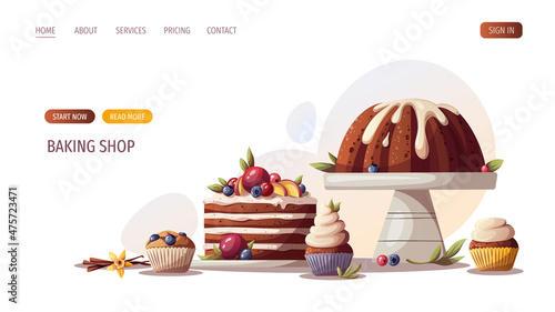 Cakes, muffin, cupcakes. Baking, bakery shop, cooking, sweet products, dessert, pastry concept. Vector illustration for poster, banner, website, advertising.