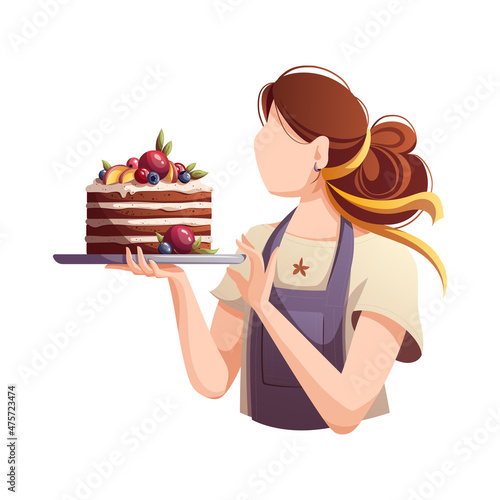 Baker with cake. Baking, bakery shop, cooking, sweet products, dessert, pastry, confectioner concept. Isolated Vector illustration for poster, banner, card, cover, advertising.