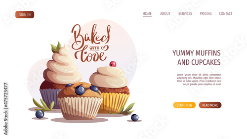 Muffin and cupcakes. Baked with love Handwritten lettering. Baking, bakery shop, cooking, sweet products, dessert, pastry concept. Vector illustration for poster, banner, website, advertising.