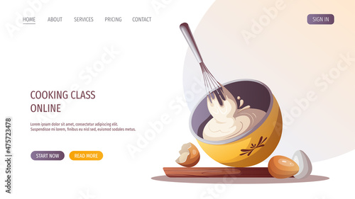 The process of baking. Whipping cream with a whisk. Baking, bakery shop, cooking, sweet products, dessert, pastry concept. Vector illustration for poster, banner, website, advertising.