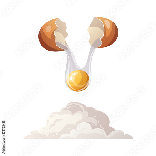 Flour and breaking egg. Baking, bakery shop, cooking, kitcken, preparing food, pastry concept. Isolated vector illustration for poster, banner, menu, cover, advertising. photo