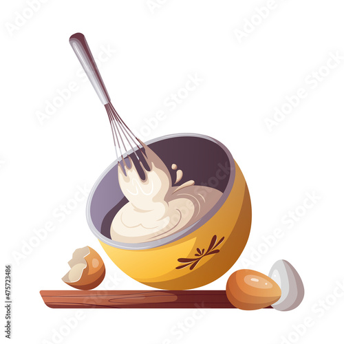 The process of baking. Whipping cream with a whisk. Baking, bakery shop, cooking, sweet products, dessert, pastry concept. Isolated vector illustration for poster, banner, advertising.