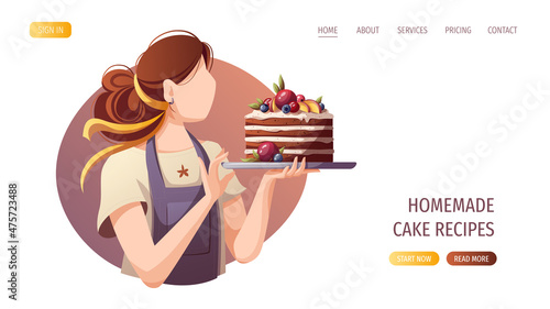 Baker with cake. Baking, bakery shop, cooking, sweet products, dessert, pastry, confectioner concept. Vector illustration for poster, banner, website, advertising.
