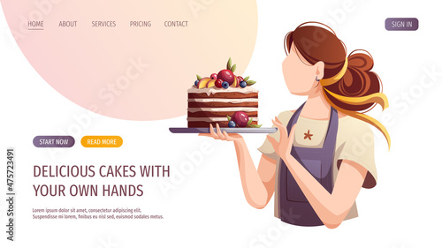 Baker with cake. Baking, bakery shop, cooking, sweet products, dessert, pastry, confectioner concept. Vector illustration for poster, banner, website, advertising.