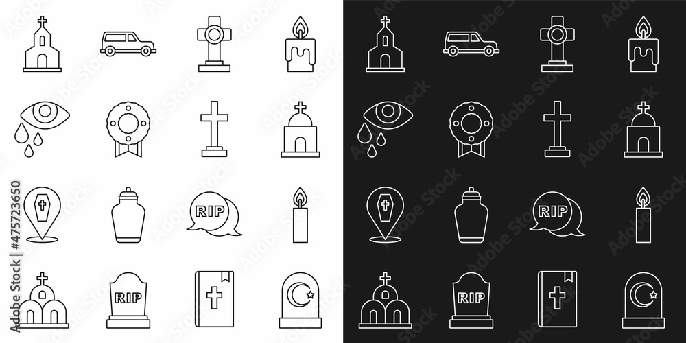 Set line Muslim cemetery, Burning candle, Old crypt, Grave with cross, Memorial wreath, Tear eye, Church building and icon. Vector Set line Muslim cemetery, Burning candle, Old crypt, Grave with cross, Memorial wreath, Tear eye, Church building and icon. Vector