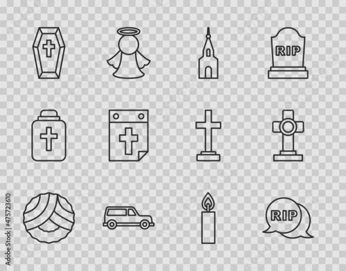 Set line Memorial wreath, Speech bubble rip death, Church building, Hearse car, Coffin with cross, Calendar, Burning candle and Grave icon. Vector