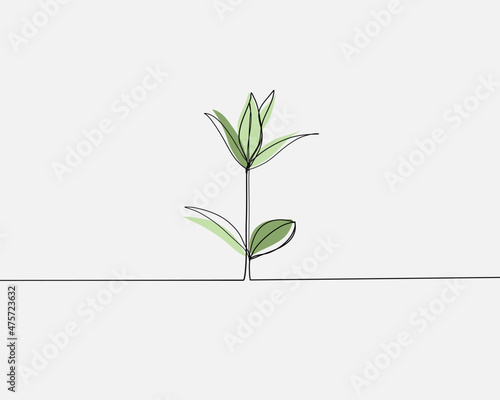 Continuous line, Young plant growing. Drawing of set Nature. (Vector illustration one line drawing)