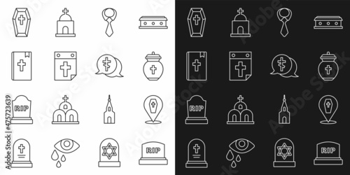 Set line Tombstone with RIP written, Coffin cross, Funeral urn, Tie, Calendar death, Holy bible book, and Grave icon. Vector