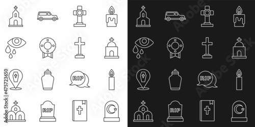 Set line Muslim cemetery, Burning candle, Old crypt, Grave with cross, Memorial wreath, Tear eye, Church building and icon. Vector
