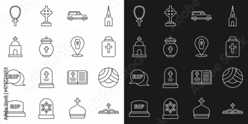 Set line Holy bible book, Memorial wreath, Funeral urn, Hearse car, Old crypt, Christian cross on chain and Coffin with icon. Vector