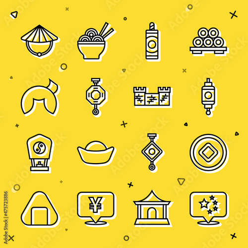 Set line China flag, Chinese Yuan currency, paper lantern, Firework, fortune cookie, conical straw hat and Great wall of icon. Vector