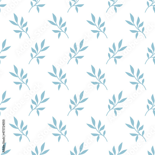 Seamless pattern of hand drawn blue leaves in simple style. Abstract trendy botanical background. Use for wallpaper, packaging paper, textiles. Vector illustration. 