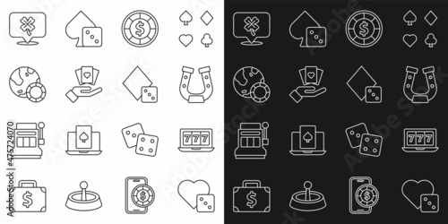 Set line Game dice, Online slot machine with jackpot, Horseshoe, Casino chips, Hand holding playing cards, clover and icon. Vector