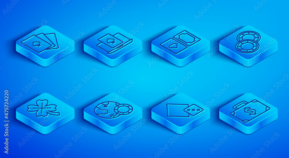Set line Deck of playing cards, Online poker table game, Casino chips, Game dice, slot machine with clover and Briefcase and money icon. Vector Set line Deck of playing cards, Online poker table game, Casino chips, Game dice, slot machine with clover and Briefcase and money icon. Vector