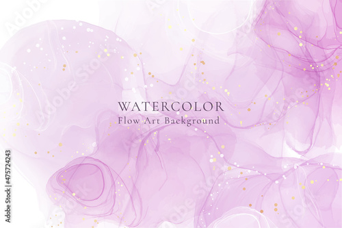 Rose violet liquid watercolor background with golden dots. Dusty purple blush marble alcohol ink drawing effect. Vector illustration design template for wedding invitation, menu, rsvp