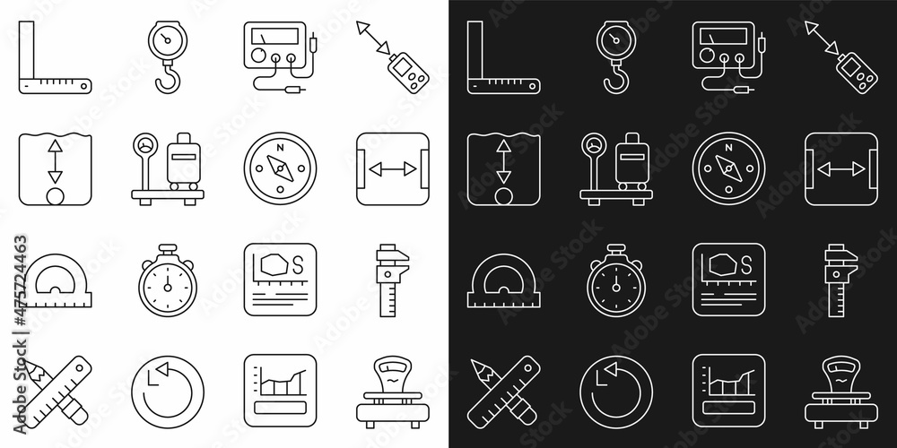 Set line Scales, Calliper or caliper and scale, Area measurement, Multimeter, voltmeter, with suitcase, Depth, Corner ruler and Compass icon. Vector Set line Scales, Calliper or caliper and scale, Area measurement, Multimeter, voltmeter, with suitcase, Depth, Corner ruler and Compass icon. Vector