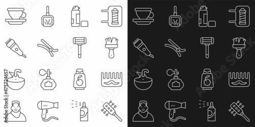Set line Hairbrush, Shaving, gel foam, clip, Electrical hair clipper, Coffee cup and razor icon. Vector