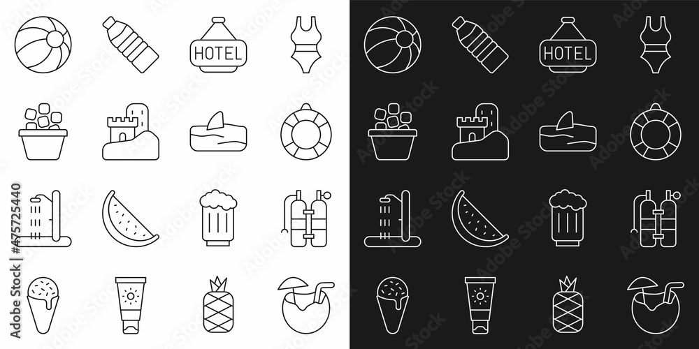 Set line Coconut cocktail, Aqualung, Lifebuoy, Signboard with text Hotel, Sand castle, Ice bucket, Beach ball and Shark fin in ocean wave icon. Vector