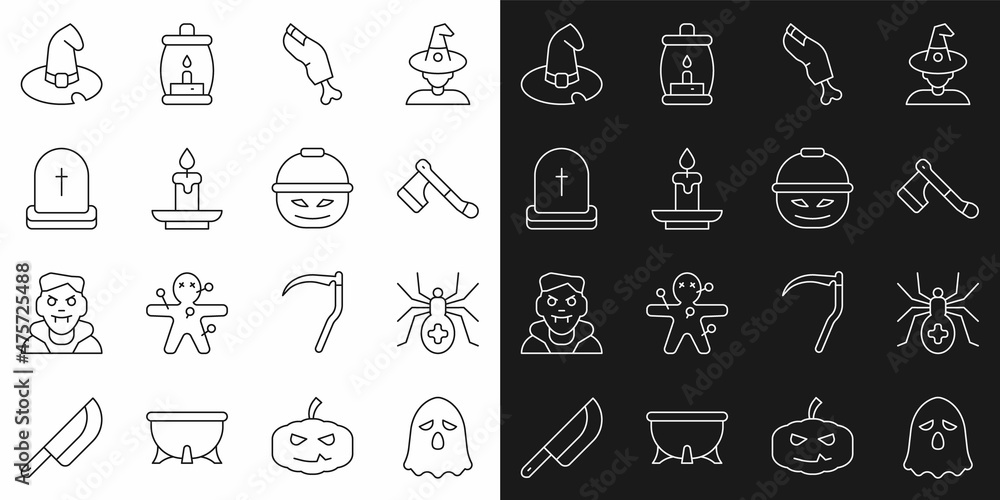 Set line Ghost, Spider, Wooden axe, Zombie finger, Burning candle, Tombstone with RIP written, Witch hat and Pumpkin basket for sweets icon. Vector Set line Ghost, Spider, Wooden axe, Zombie finger, Burning candle, Tombstone with RIP written, Witch hat and Pumpkin basket for sweets icon. Vector