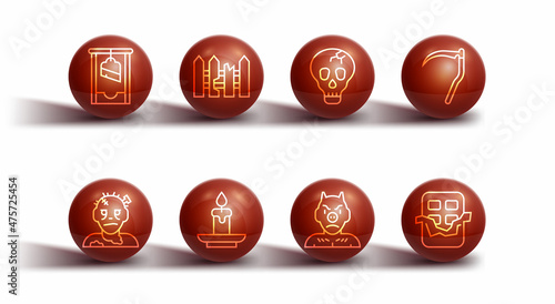 Set line Guillotine, Zombie mask, Scythe, Krampus, heck, Burning candle, Garden fence wooden, Chocolate bar and Skull icon. Vector