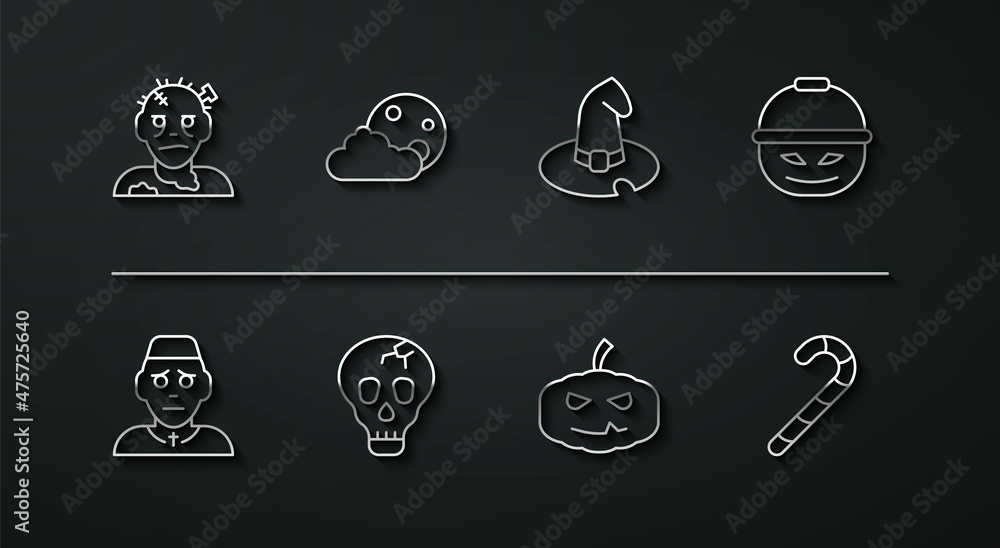 Set line Zombie mask, Priest, Pumpkin basket for sweets, Skull, Moon and stars, Christmas candy cane and Witch hat icon. Vector Set line Zombie mask, Priest, Pumpkin basket for sweets, Skull, Moon and stars, Christmas candy cane and Witch hat icon. Vector